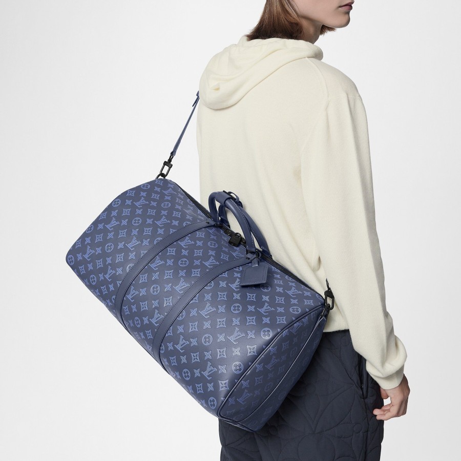 Hombre Louis Vuitton Bolsos De Viaje | Bolsa De Viaje Keepall 50 Con Bandolera Azul Marino