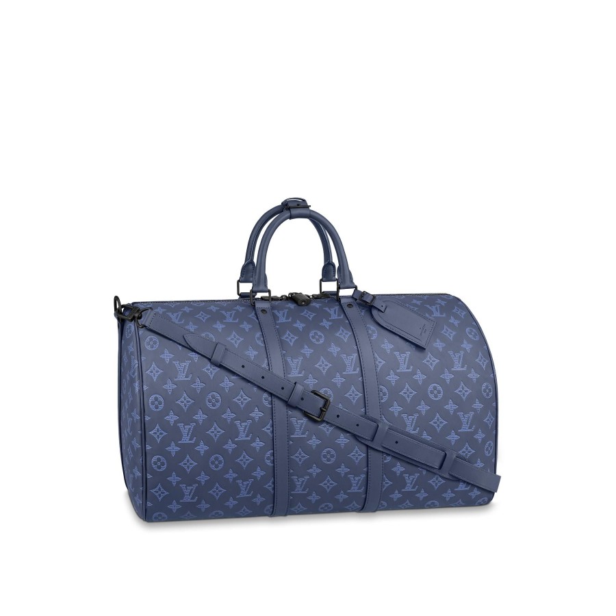 Hombre Louis Vuitton Bolsos De Viaje | Bolsa De Viaje Keepall 50 Con Bandolera Azul Marino