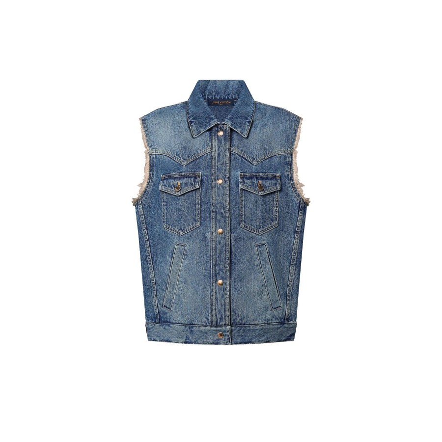 Mujer Louis Vuitton Denim | Chaqueta Trucker Sin Mangas Lavada A La Piedra