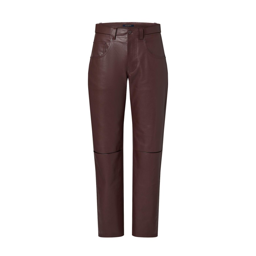 Mujer Louis Vuitton Pantalones | Pantalon De Piel Con Abertura Marron Fonce