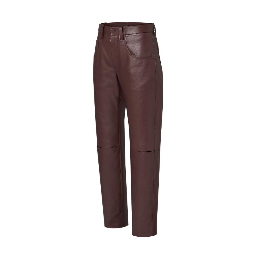 Mujer Louis Vuitton Pantalones | Pantalon De Piel Con Abertura Marron Fonce