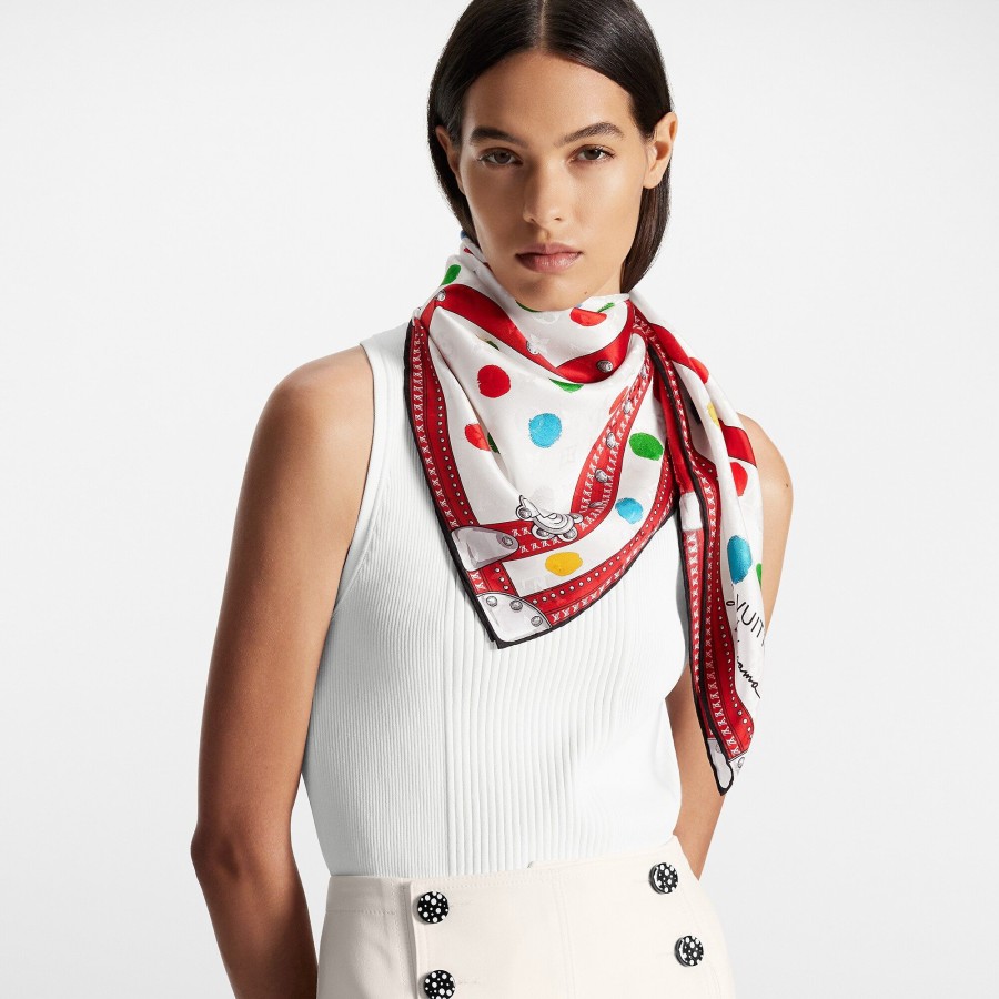 Mujer Louis Vuitton Panuelos De Seda Y Bandanas | Lv X Yk Panuelo Painted Dots Monogram 90 Blanc