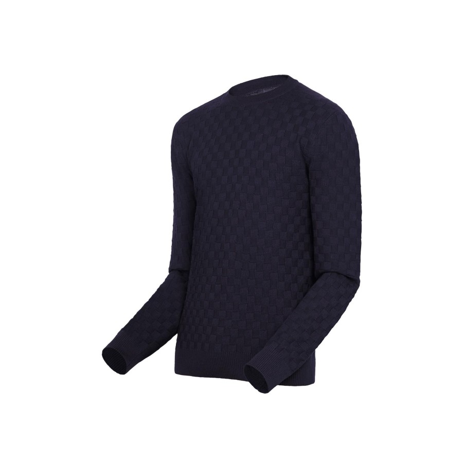 Hombre Louis Vuitton Punto Y Sudaderas | Jersey Damier De Cuello Redondo Bleu Nuit Fonce